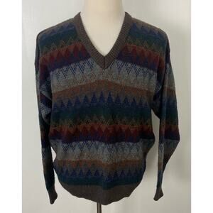 VTG Van Heusen v-neck acrylic stripe geometric print grandpa knit sweater L